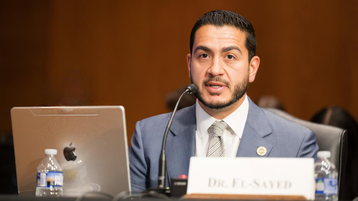 Dr Abdul El-Sayed, in a grey suit, testifying before a US senate committe
